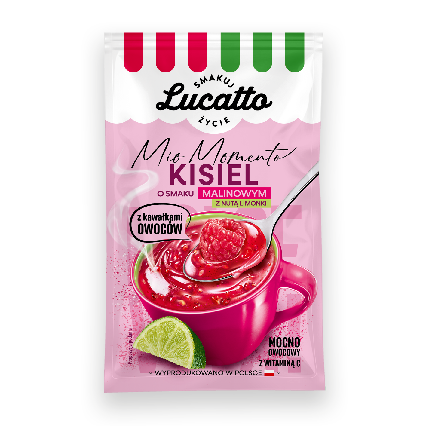 Lucatto kisiel instant o smaku malinowym z limonka z kawalkami owocow
