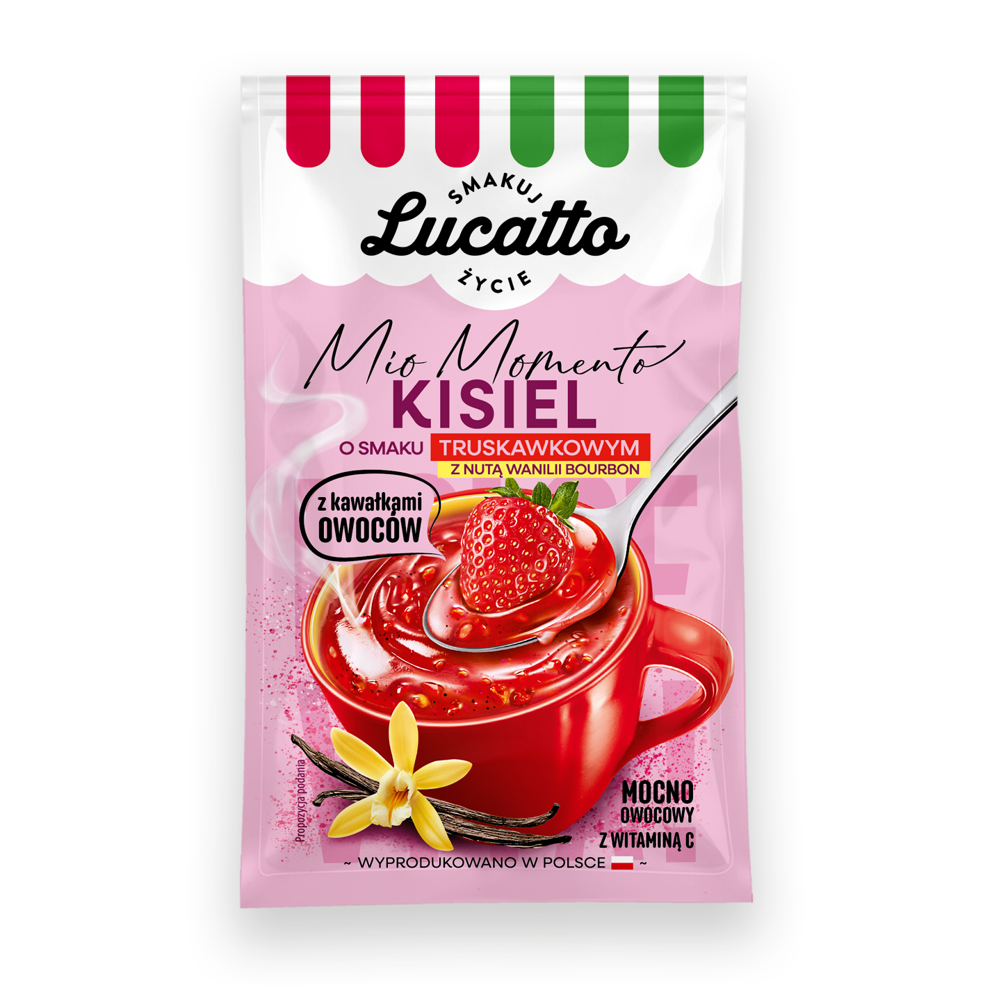 Lucatto kisiel instant o smaku truskawkowym z wanilia z kawalkami owocow
