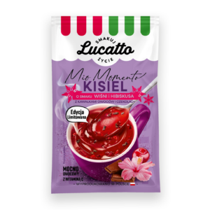 Kisiel o smaku wiśni i hibiskusa z kawałkami owoców i płatkami czekolady