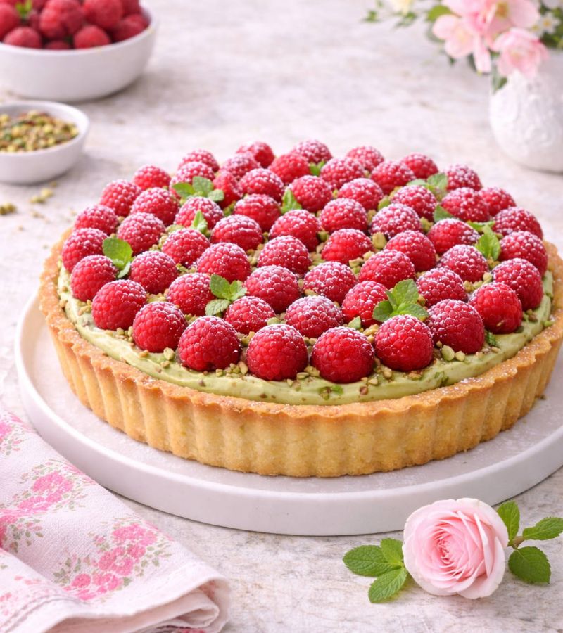 Tarta z kremem pistacjowym i malinami 1 Tarta z kremem pistacjowym i malinami