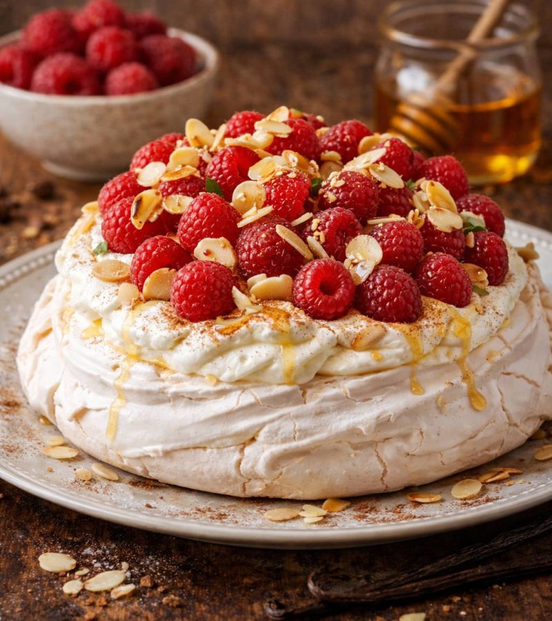 Pavlova malinowo-waniliowa z chrupiącymi migdałami 1 Pavlova malinowo-waniliowa