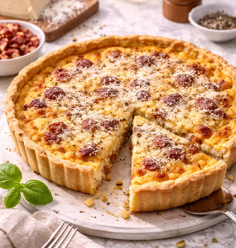 Tarta „Carbonara” z guanciale i pecorino