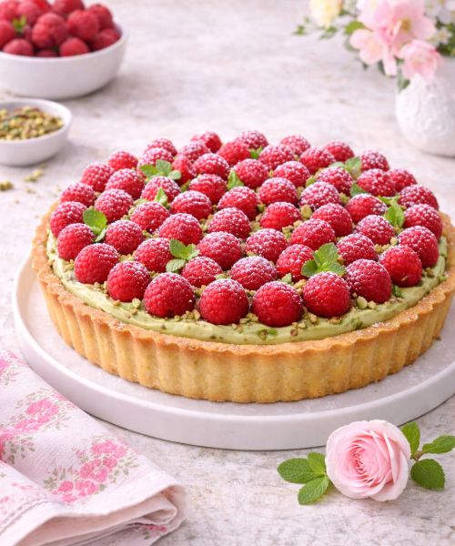 Tarta z kremem pistacjowym i malinami