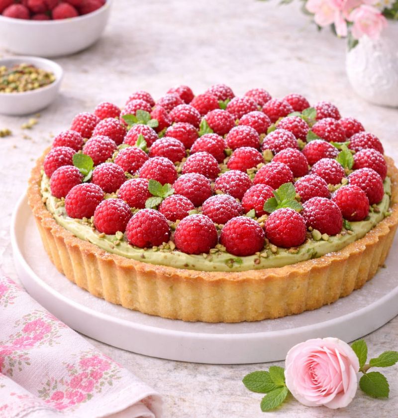 Tarta z kremem pistacjowym i malinami
