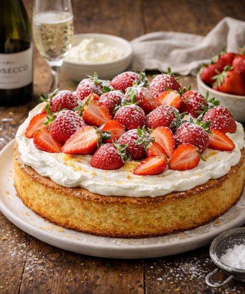 Delikatne ciasto prosecco z kremem śmietankowym i truskawkami