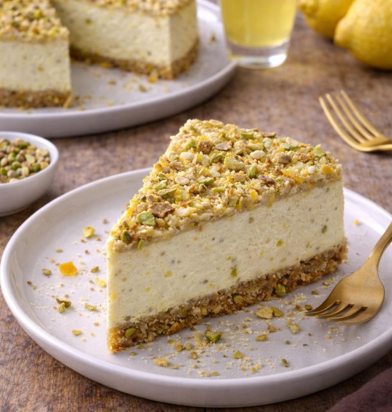 Sernik pistacjowy z limoncello i chrupiącą pralinką 1 Sernik pistacjowy z limoncello i chrupiącą pralinką