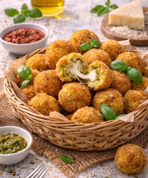 Mini arancini z mozzarellą i pesto
