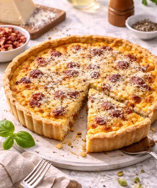 Tarta „Carbonara” z guanciale i pecorino