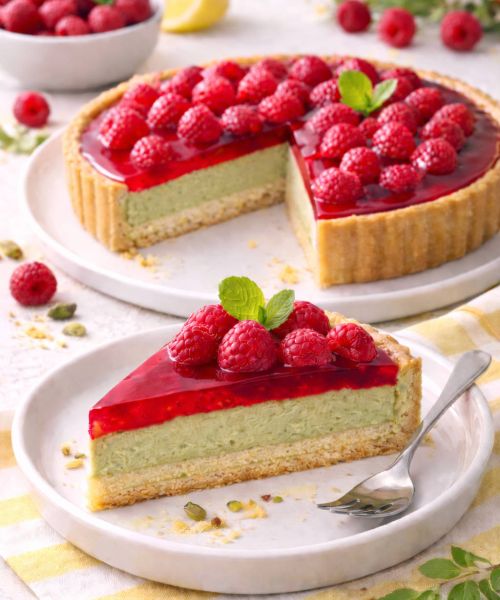 Tarta pistacjowa z malinową taflą i śmietankowym kremem