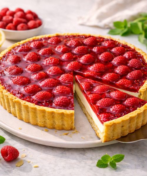 Kruche „Panna cotta z malinami” z malinową taflą