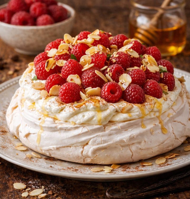 Pavlova malinowo-waniliowa z chrupiącymi migdałami 1 Pavlova malinowo-waniliowa