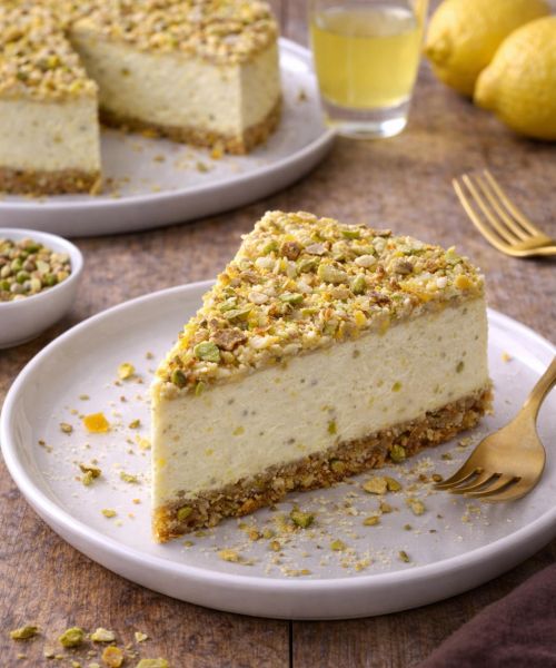 Sernik pistacjowy z limoncello i chrupiącą pralinką